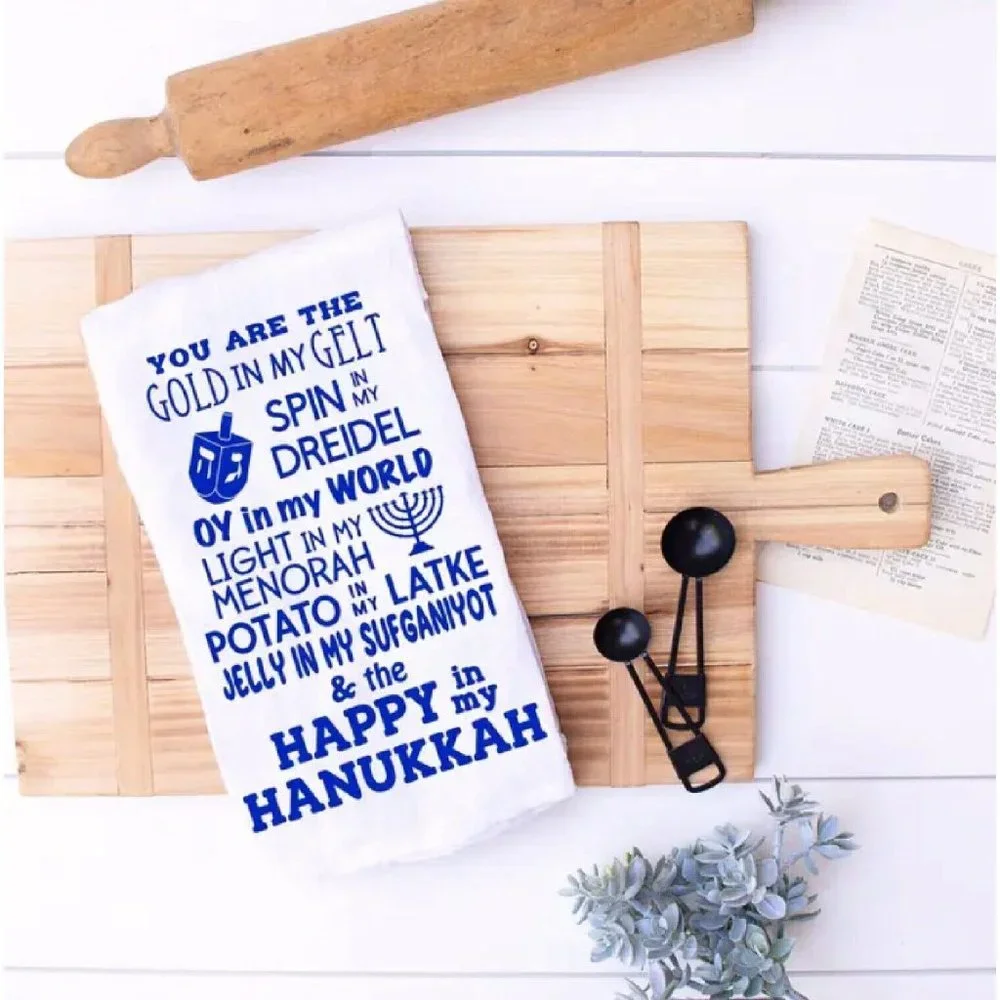 Gelt, Dreidel, Latkes, All Things Hanukkah Chanukah Kitchen Towel -NEW Fast Ship